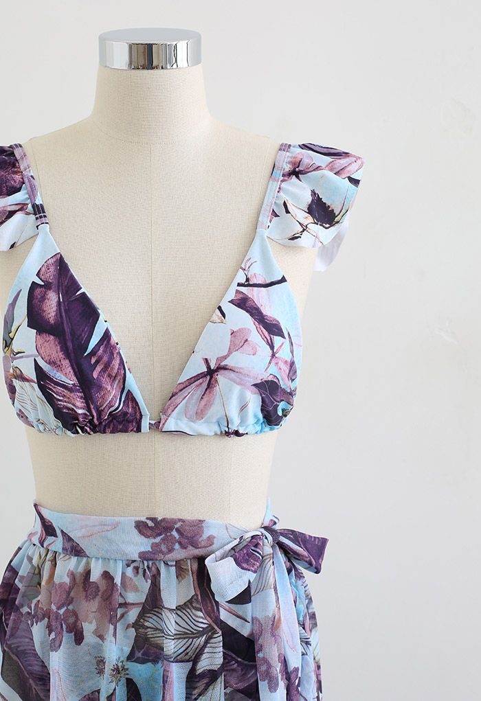 Rainforest Vibe Flutter Strap Bikini Cover-Up Set in Purple