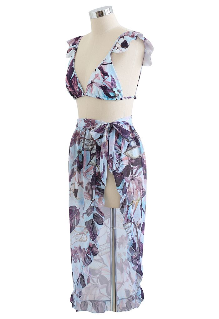 Rainforest Vibe Flutter Strap Bikini Cover-Up Set in Purple