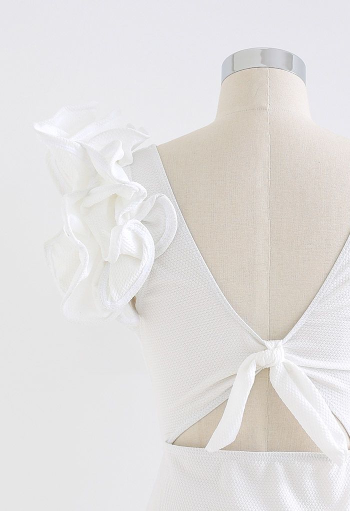 Solid White Ruffle Shoulder Cutout Swimsuit