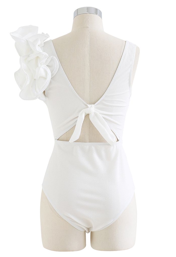 Solid White Ruffle Shoulder Cutout Swimsuit