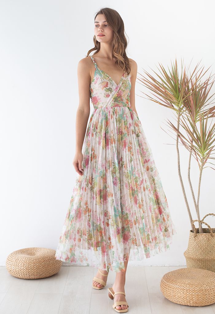Spring Break Wrap Pleated Mesh Cami Dress