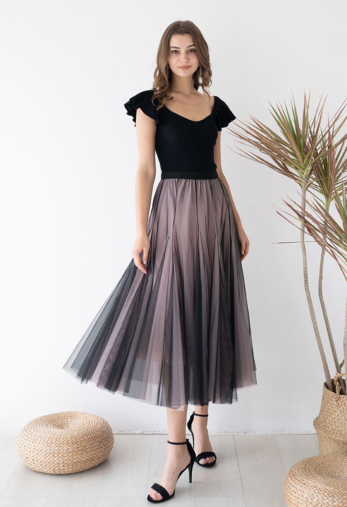 Mixture Color Panelled Tulle Maxi Skirt in Black Halloween Costumes