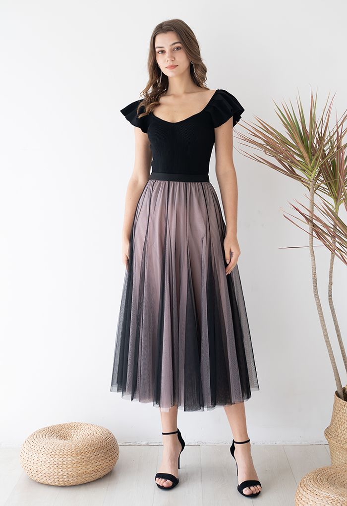 Mixture Color Panelled Tulle Maxi Skirt in Black Halloween Costumes