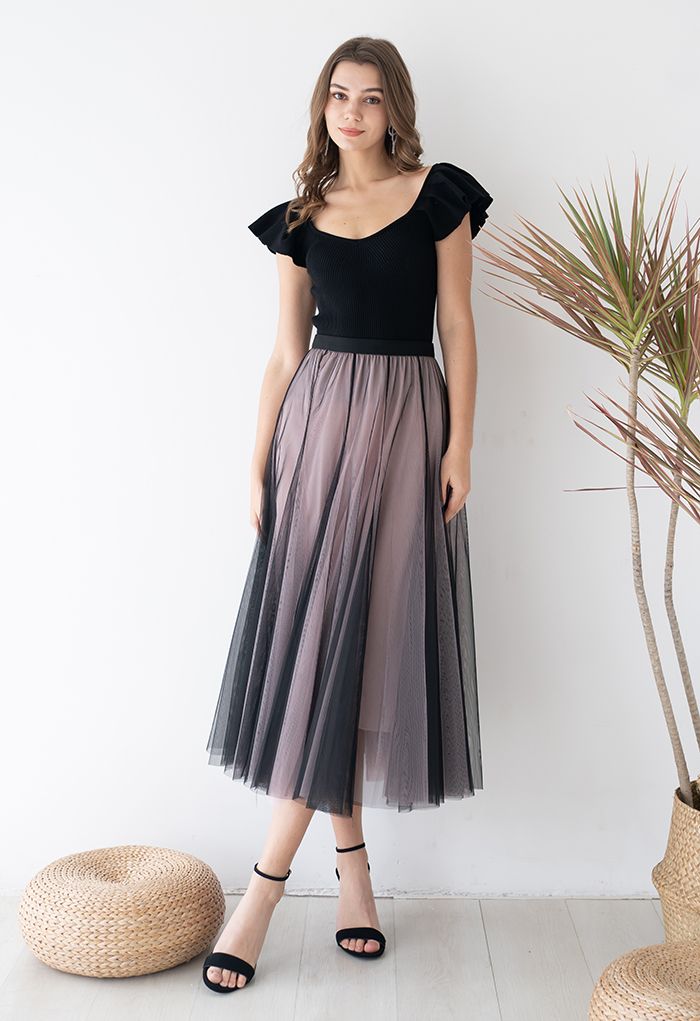 Mixture Color Panelled Tulle Maxi Skirt in Black Halloween Costumes