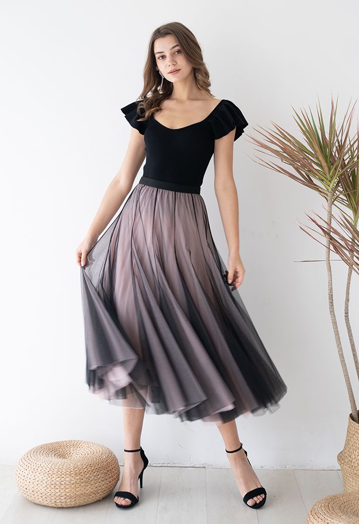 Mixture Color Panelled Tulle Maxi Skirt in Black Halloween Costumes