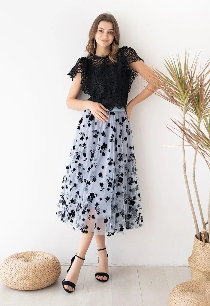 3D Posy Double-Layered Mesh Midi Skirt in Dusty Blue