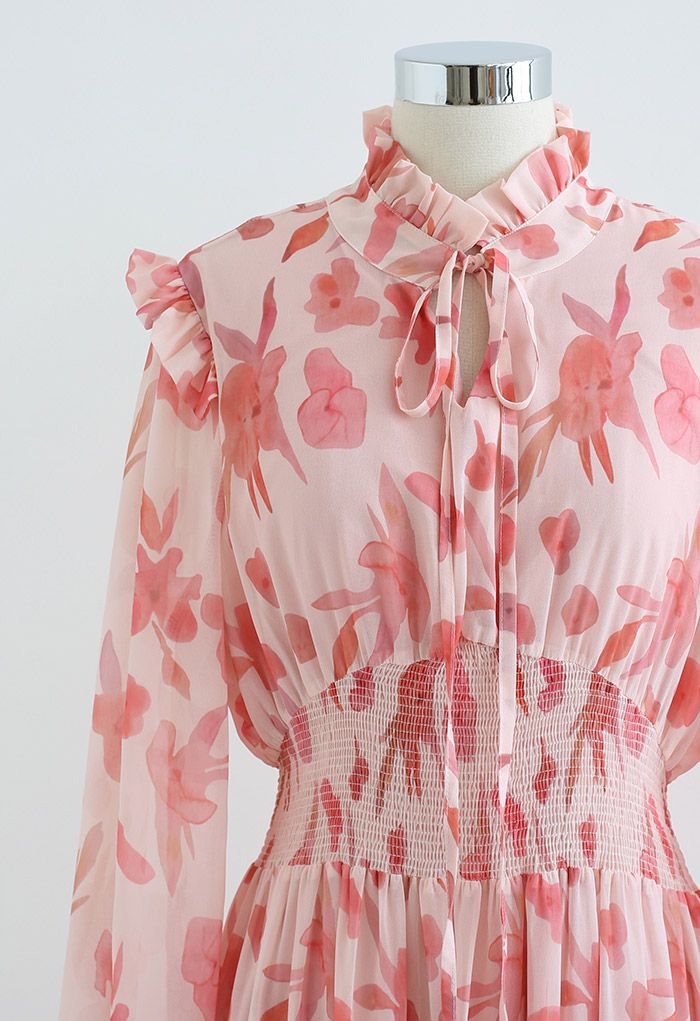 Darling Blush Pink Floral Tie Neck Maxi Dress