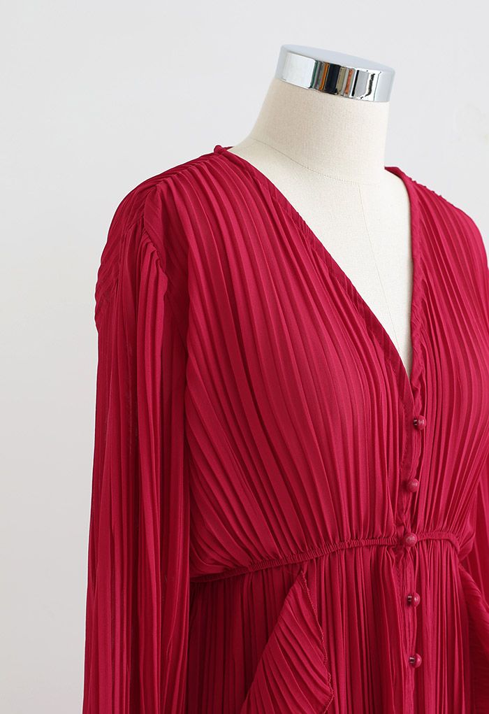 Breezy Ruffle Asymmetric Pleated Chiffon Maxi Dress in Red