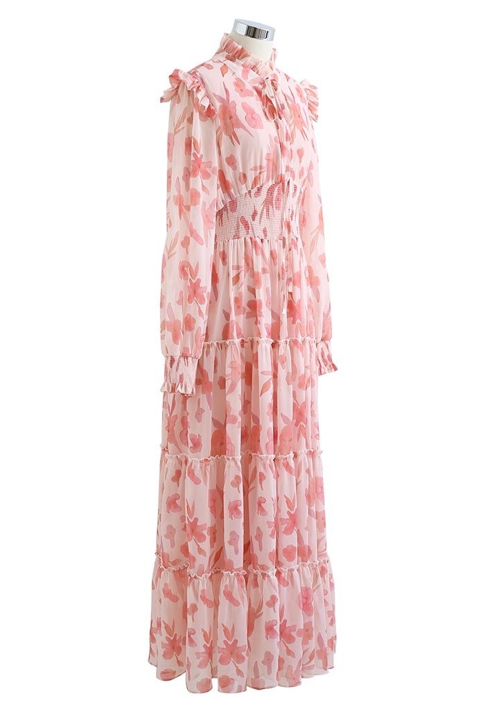 Darling Blush Pink Floral Tie Neck Maxi Dress