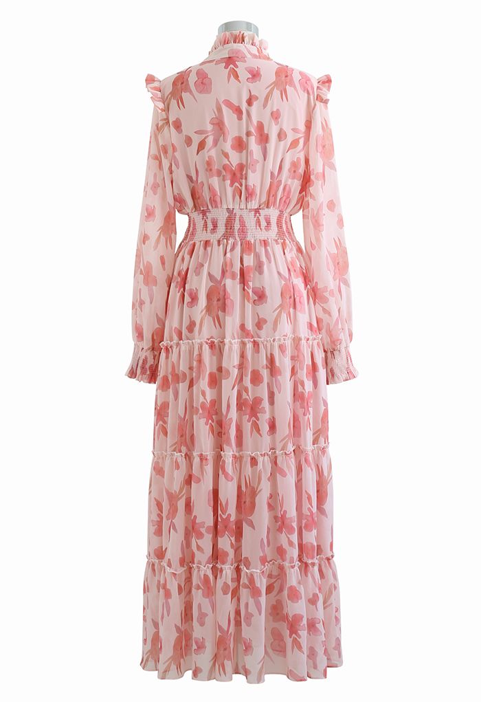 Darling Blush Pink Floral Tie Neck Maxi Dress