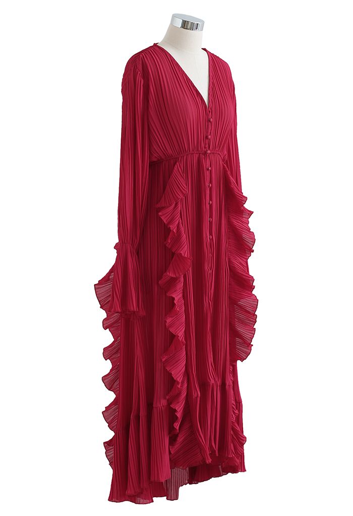 Breezy Ruffle Asymmetric Pleated Chiffon Maxi Dress in Red