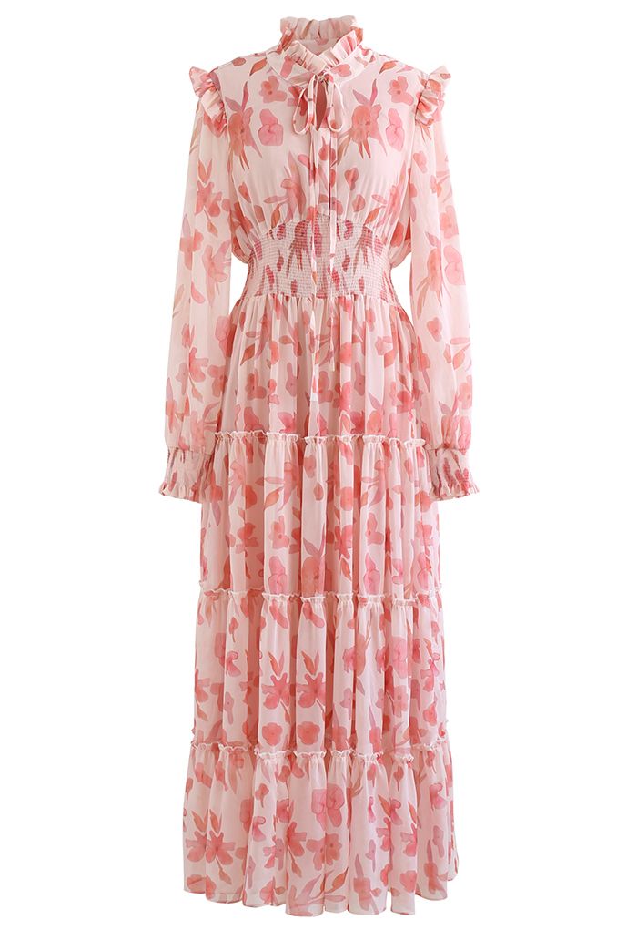 Darling Blush Pink Floral Tie Neck Maxi Dress
