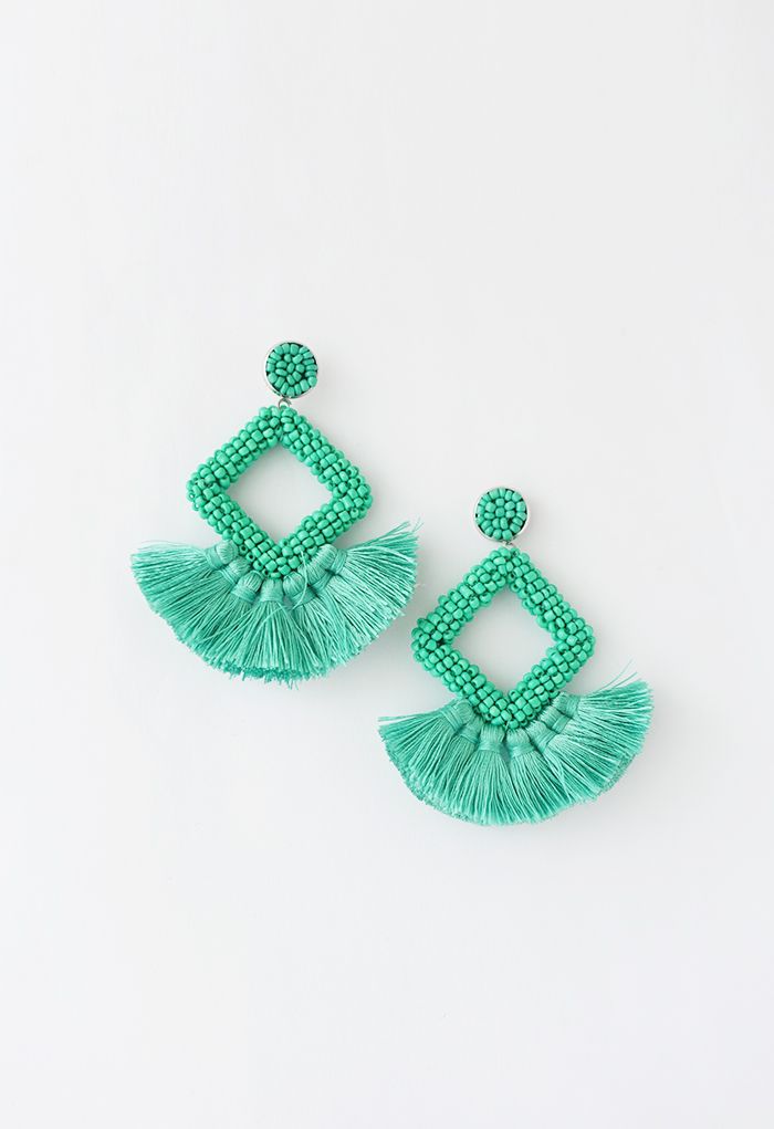 Beaded Diamond Tassel Earrings