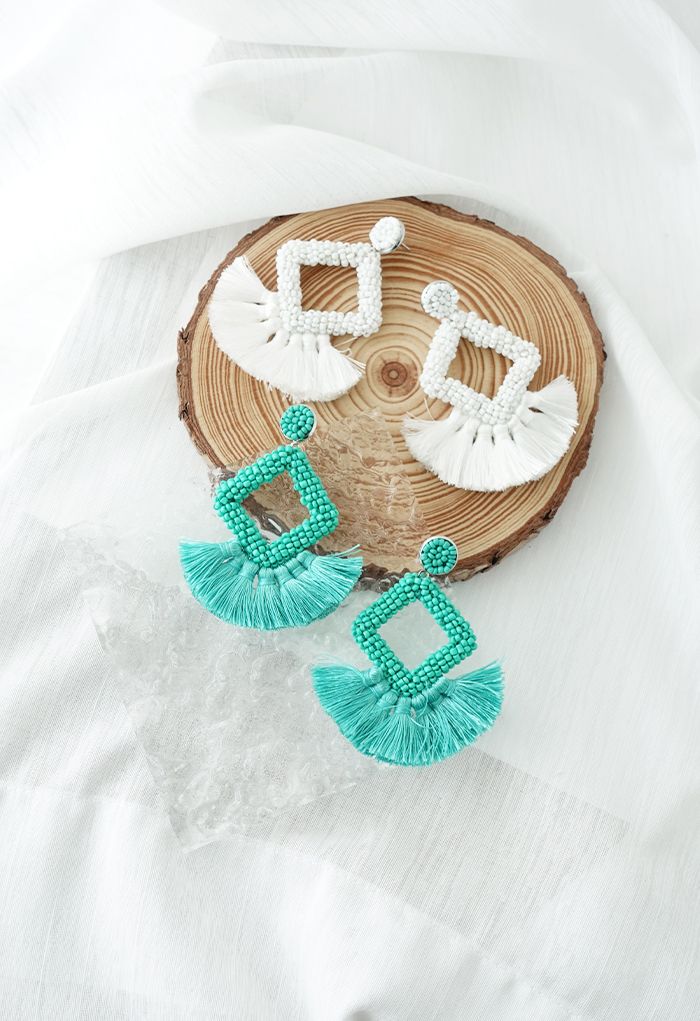 Beaded Diamond Tassel Earrings