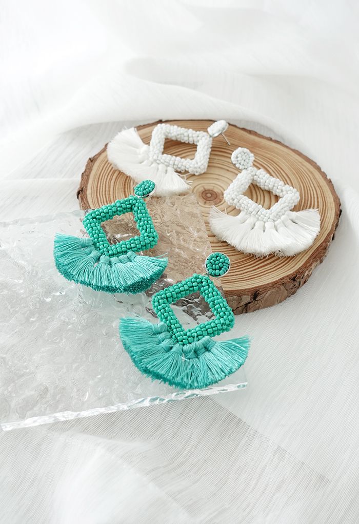 Beaded Diamond Tassel Earrings