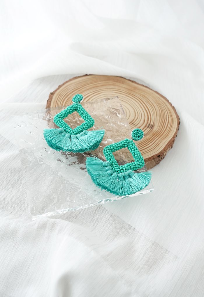 Beaded Diamond Tassel Earrings