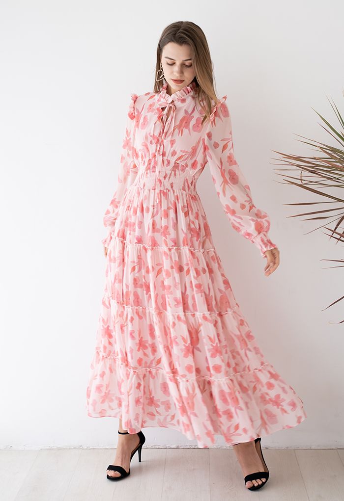 Darling Blush Pink Floral Tie Neck Maxi Dress