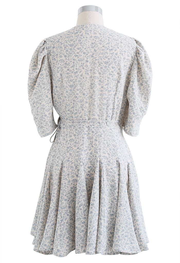 Retro Floral Panelled Edge Wrapped Frilling Dress in Light Blue