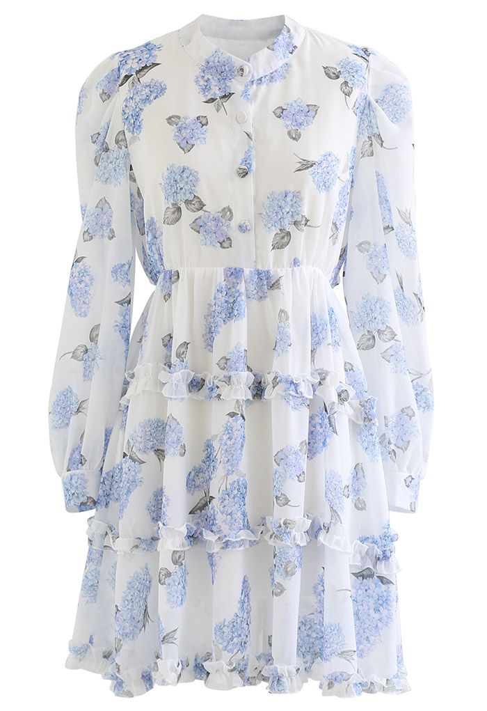 Hydrangea Print Cutout Waist Ruffle Mini Dress