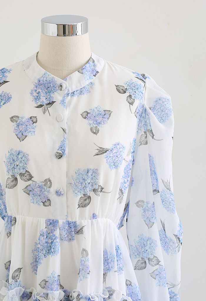 Hydrangea Print Cutout Waist Ruffle Mini Dress