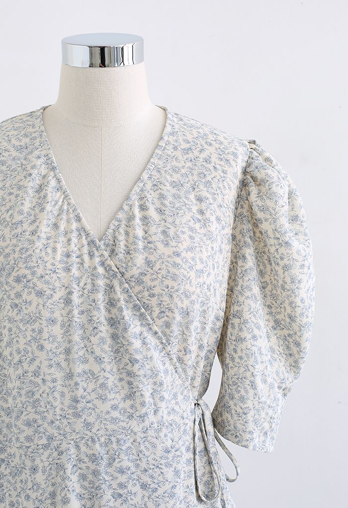 Retro Floral Panelled Edge Wrapped Frilling Dress in Light Blue