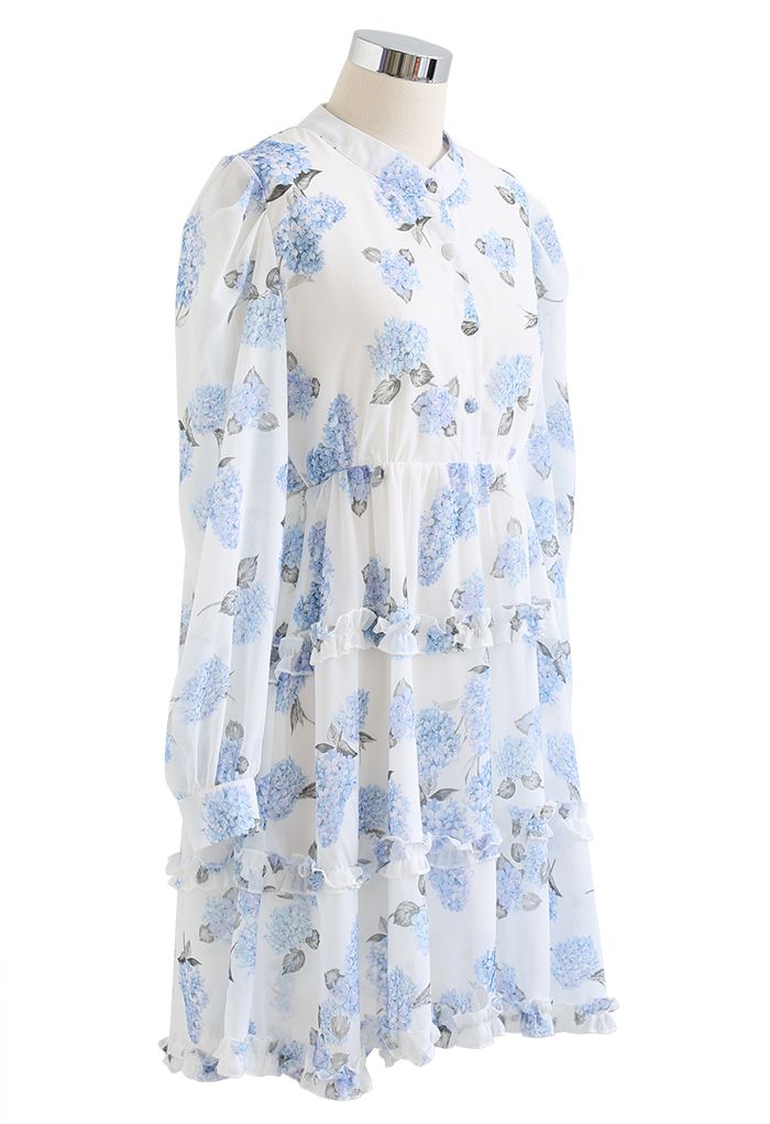 Hydrangea Print Cutout Waist Ruffle Mini Dress
