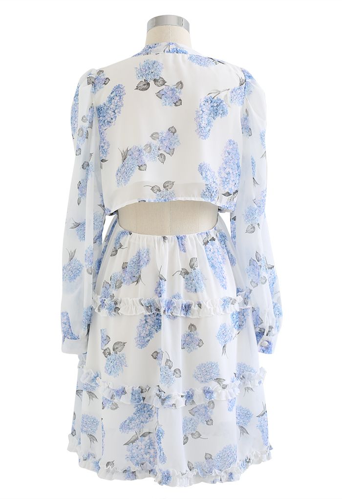 Hydrangea Print Cutout Waist Ruffle Mini Dress
