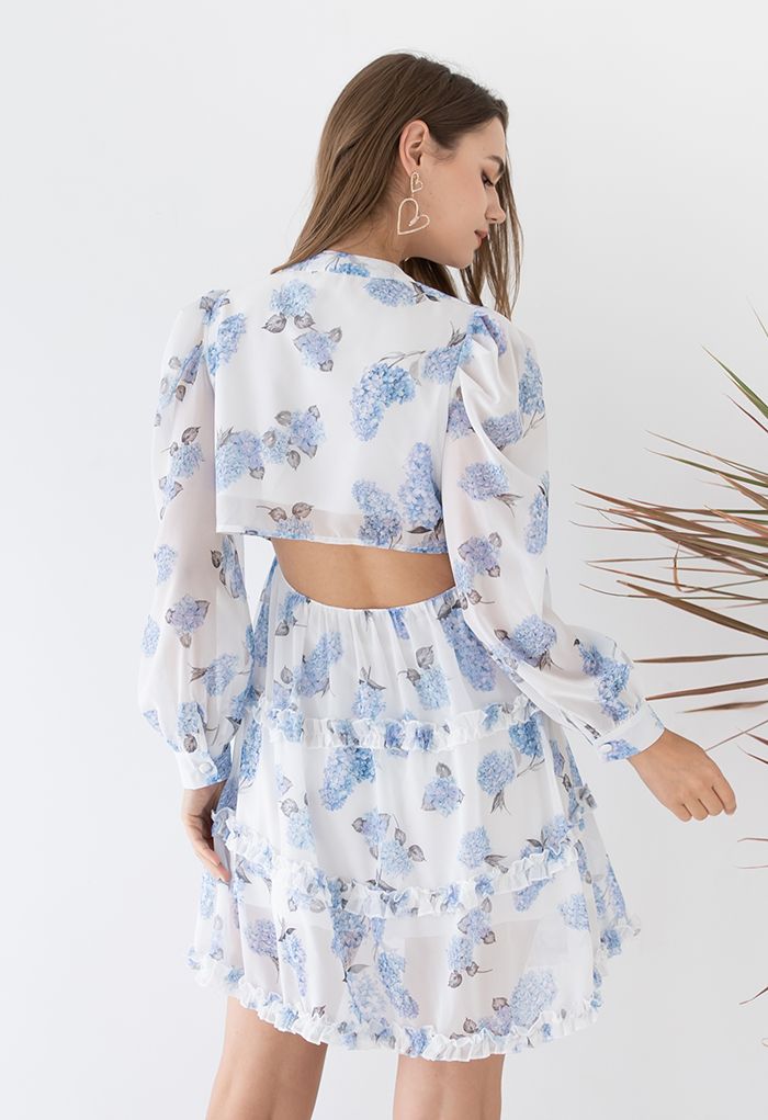 Hydrangea Print Cutout Waist Ruffle Mini Dress