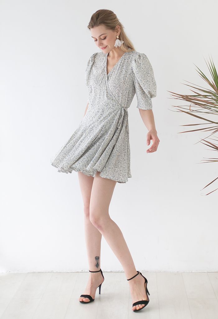 Retro Floral Panelled Edge Wrapped Frilling Dress in Light Blue