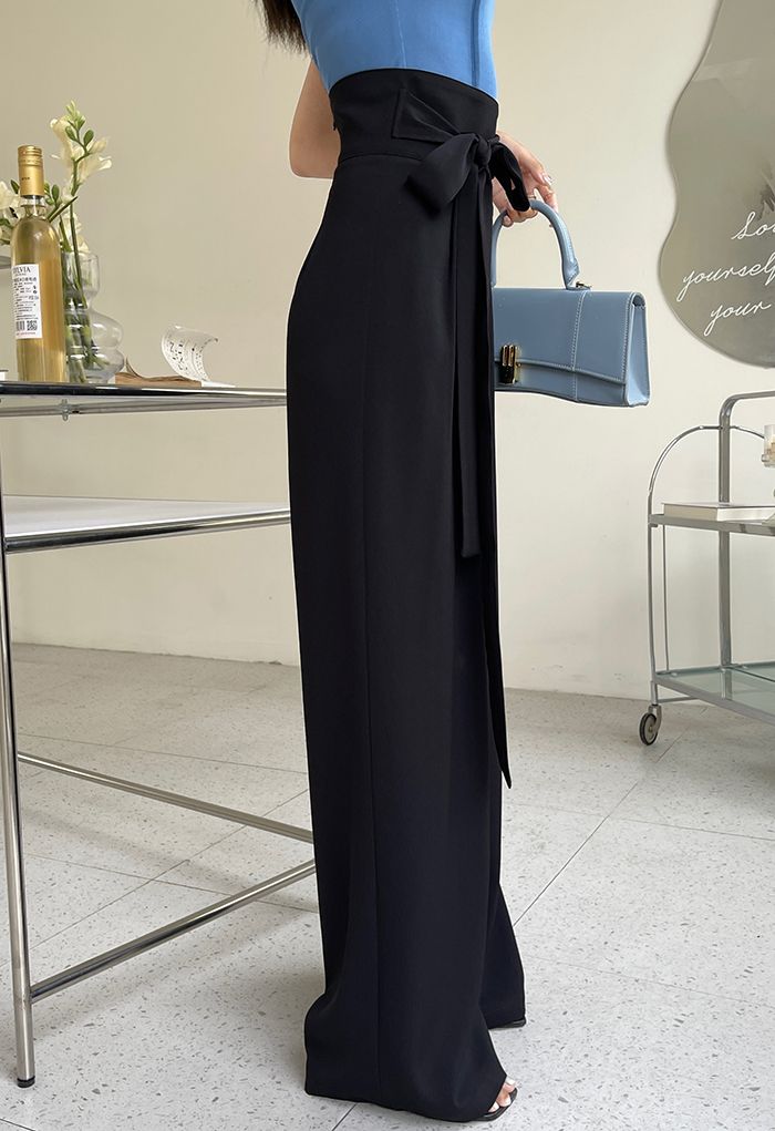 Bowknot High Waist Wide-Leg Pants in Black