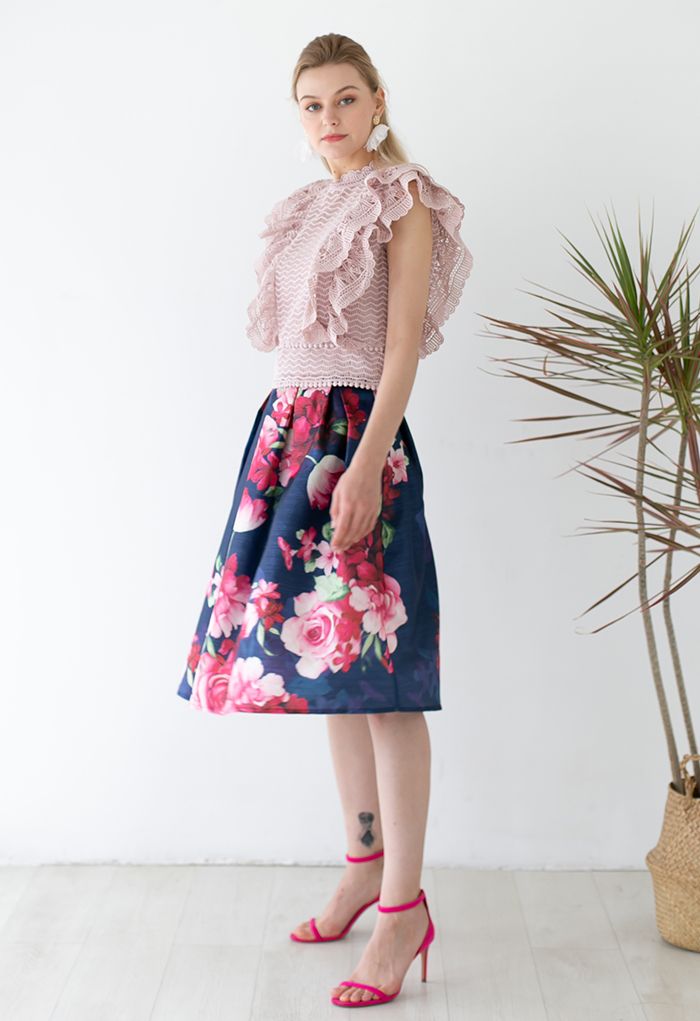 Tiered Ruffle Crochet Mock Neck Sleeveless Top in Pink
