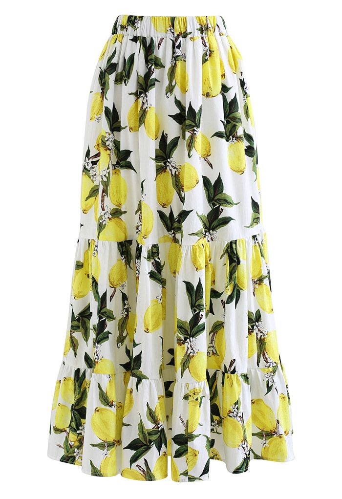 Off-Shoulder Bowknot Crop Top and Flare Skirt Set in Lemon Print