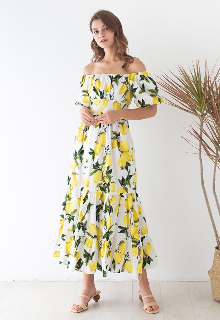 Off-Shoulder Bowknot Crop Top and Flare Skirt Set in Lemon Print