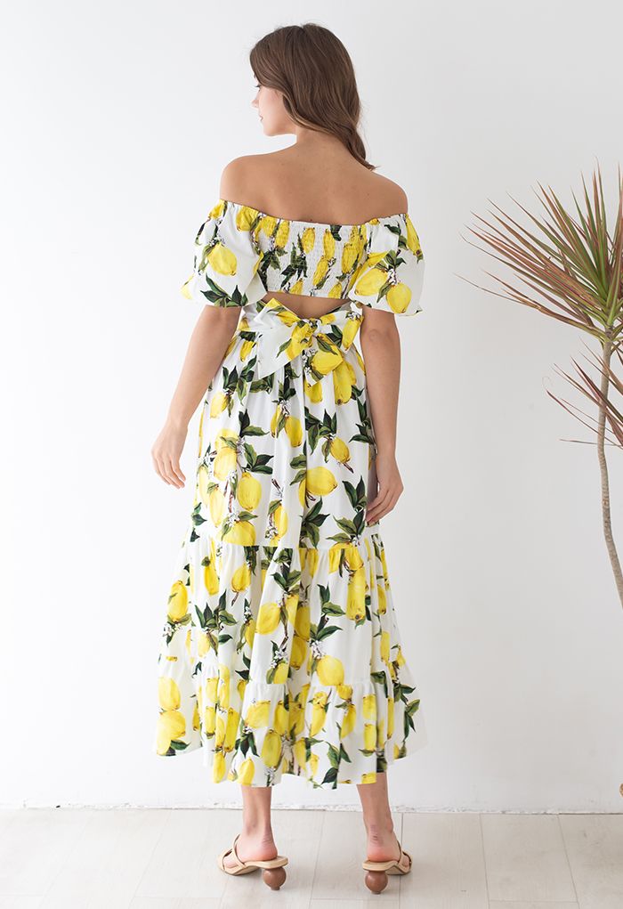 Off-Shoulder Bowknot Crop Top and Flare Skirt Set in Lemon Print