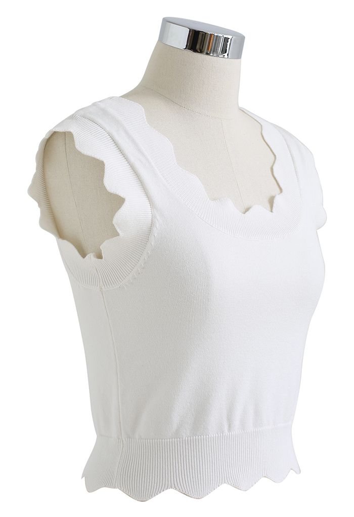 Scalloped Edge Knit Tank Top in White