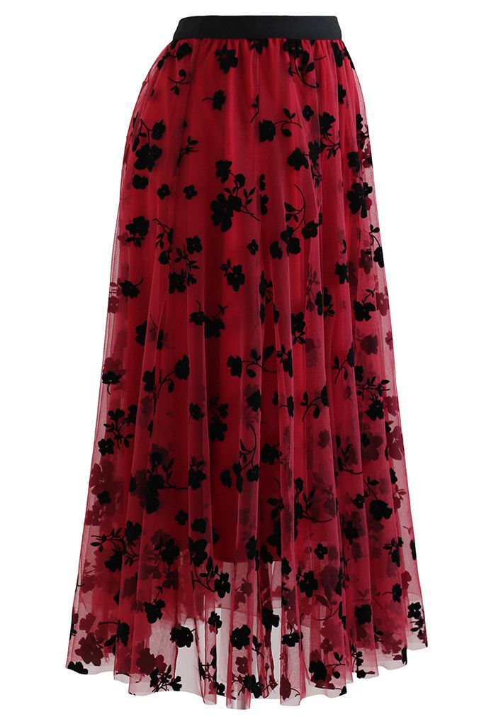 Front view of a red 3D posy double-layered mesh midi skirt with black floral patterns, exuding a vintage charm.
