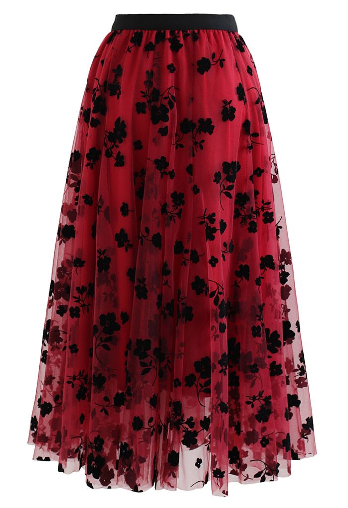 Front view of a red 3D posy double-layered mesh midi skirt with black floral patterns, offering a romantic vibe.