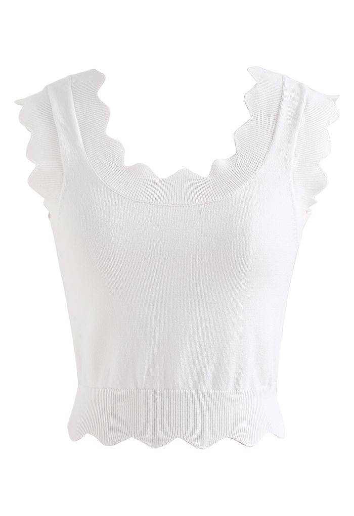 Scalloped Edge Knit Tank Top in White