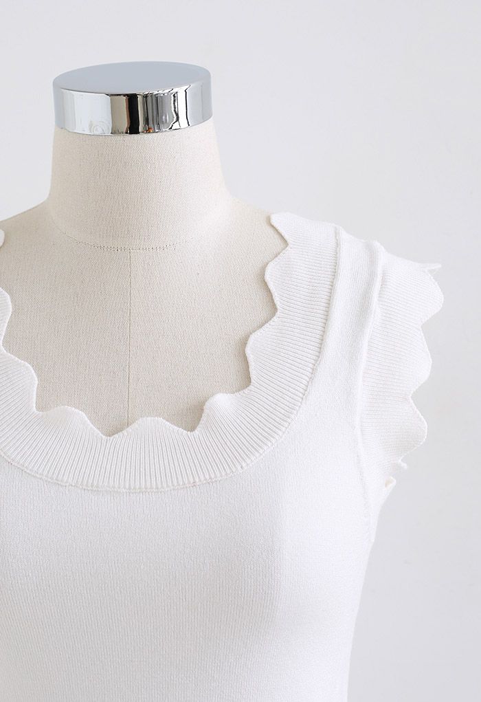 Scalloped Edge Knit Tank Top in White