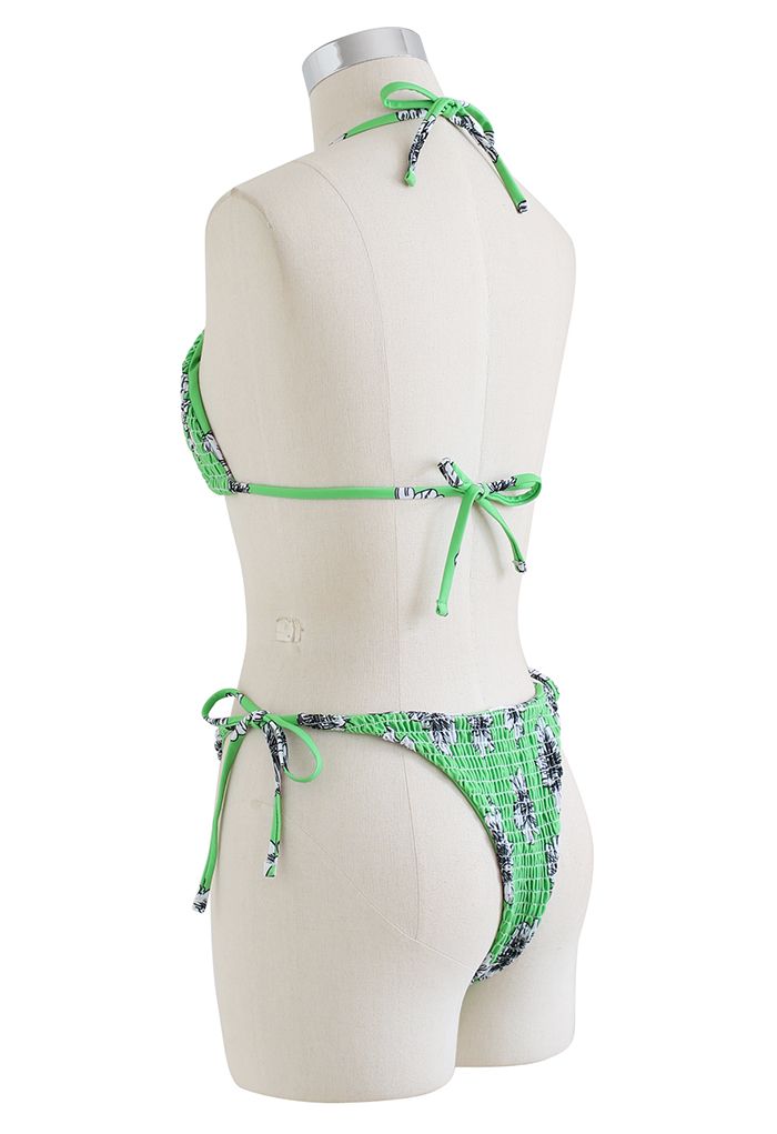 Green Hue Floral Shirring Bikini Set