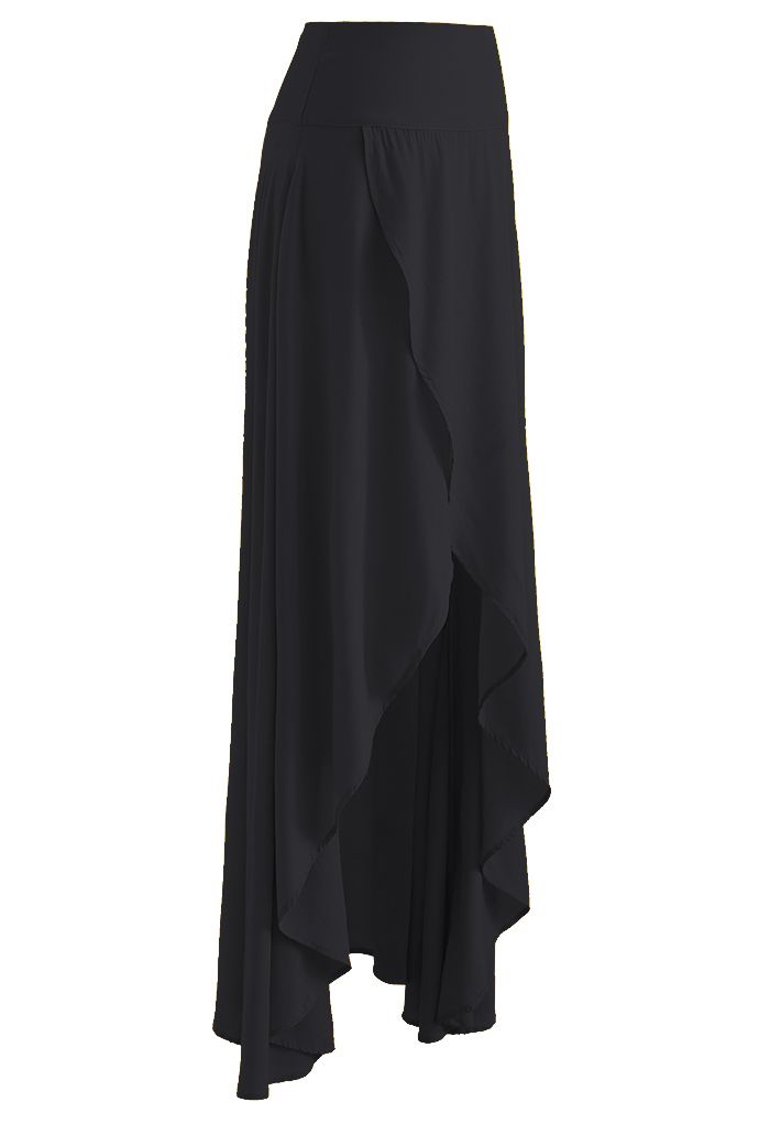 Lazy Summer Flap Front Hi-Lo Maxi Skirt in Black