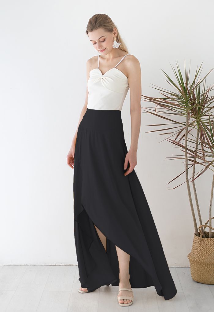 Lazy Summer Flap Front Hi-Lo Maxi Skirt in Black