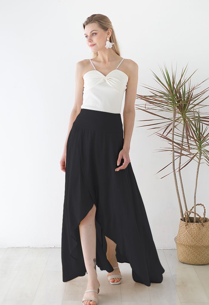 Lazy Summer Flap Front Hi-Lo Maxi Skirt in Black