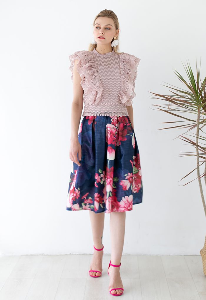 Tiered Ruffle Crochet Mock Neck Sleeveless Top in Pink