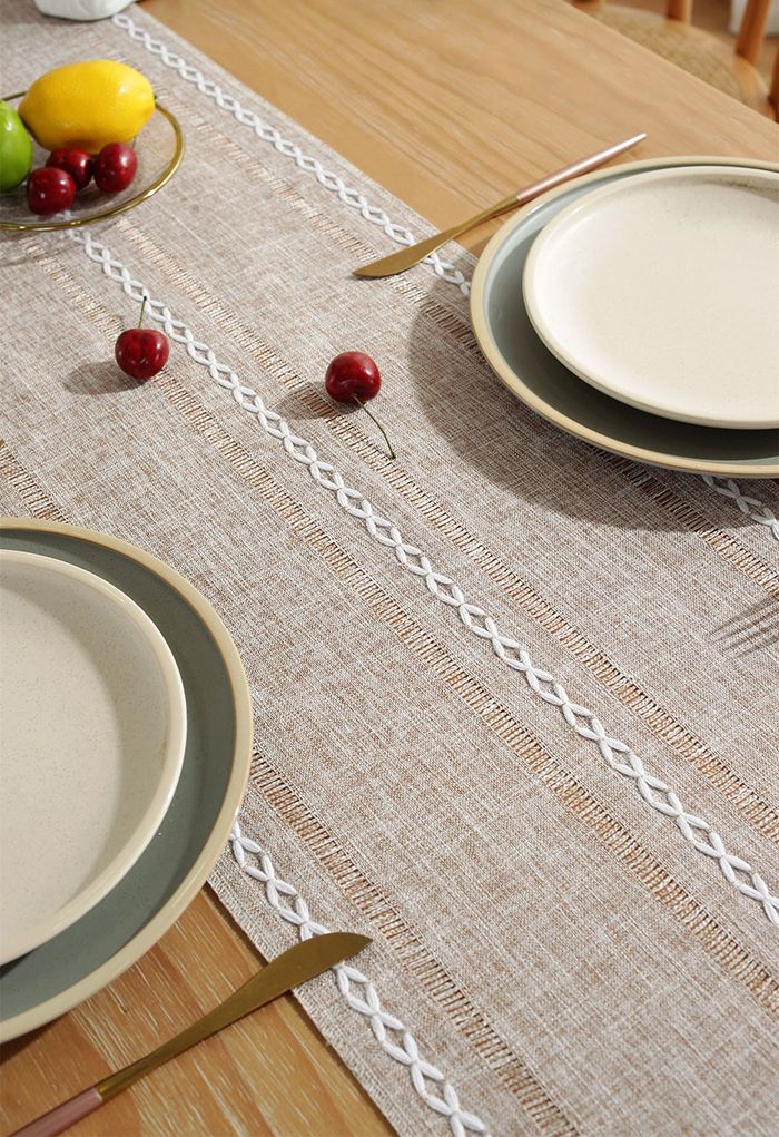 Cutwork Linen Fabric Tassel Edge Table Runner in Khaki