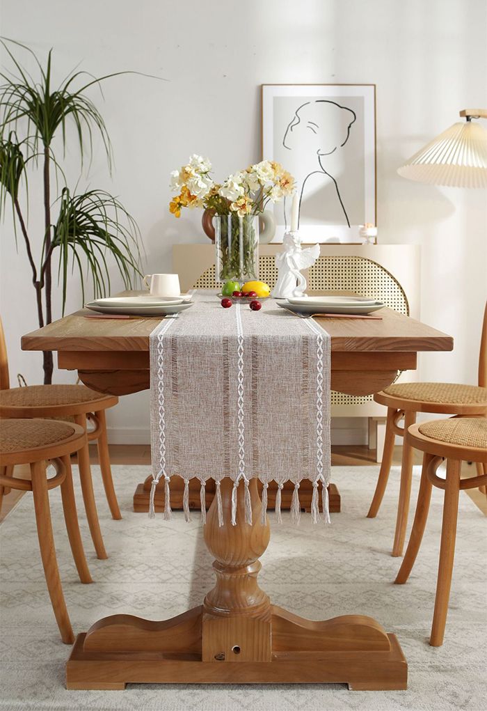 Cutwork Linen Fabric Tassel Edge Table Runner in Khaki