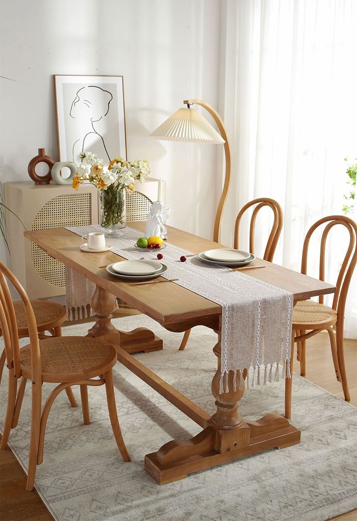 Cutwork Linen Fabric Tassel Edge Table Runner in Khaki