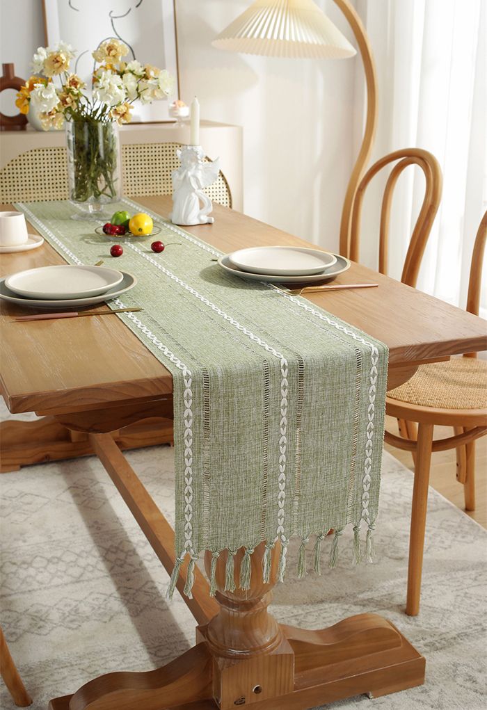 Cutwork Linen Fabric Tassel Edge Table Runner in Green