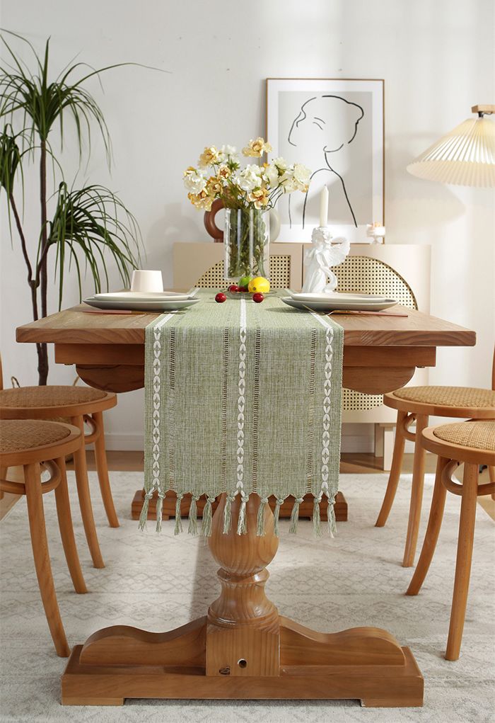 Cutwork Linen Fabric Tassel Edge Table Runner in Green