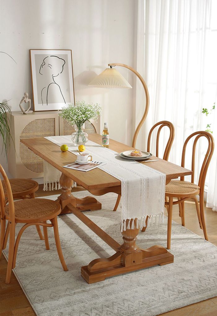 Cutwork Linen Fabric Tassel Edge Table Runner in Cream